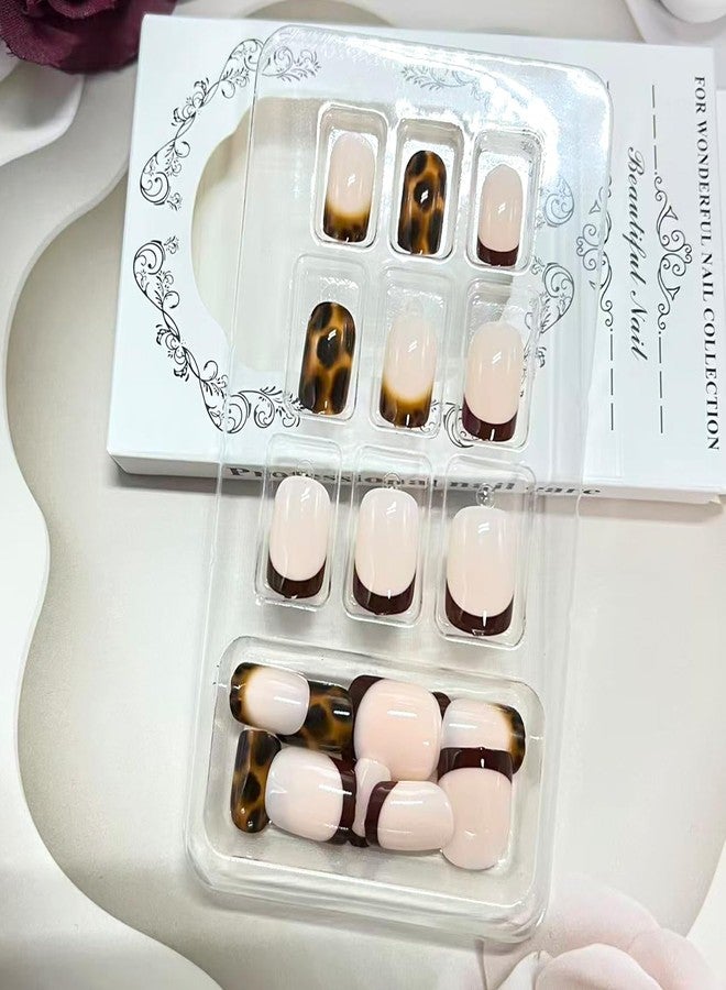 Vopintpy Tortoise Print French Tip Press on Nails Short Square Fake Nails with Design Glossy Acrylic Glue on Nail Reusable Full Cover Artificial Stick on Nail for Women DIY Manicure - Image 4